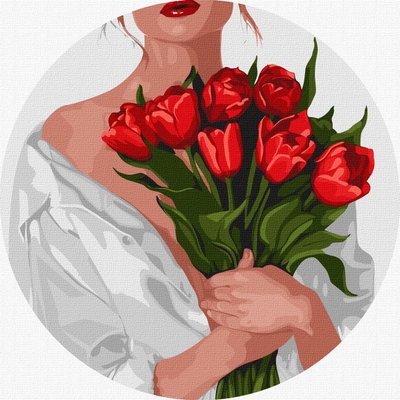 Картина за номерами кругла Дівчина з тюльпанами KHO-R1159 КНО-R1159 фото
