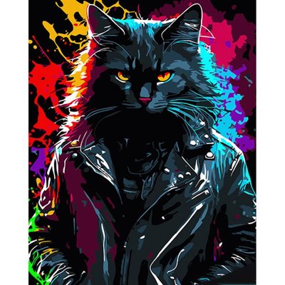 Картина за номерами Брутальний кіт у курточці, чорна картина AH1015 фото